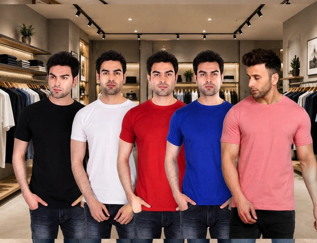 Men's Solid Round Neck Polycotto Multicolor T-Shirt